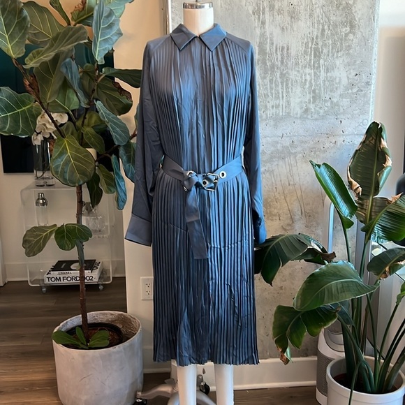 Lafayette 148 New York Pleated Long Sleeve Dress Teal - Picture 1 of 11